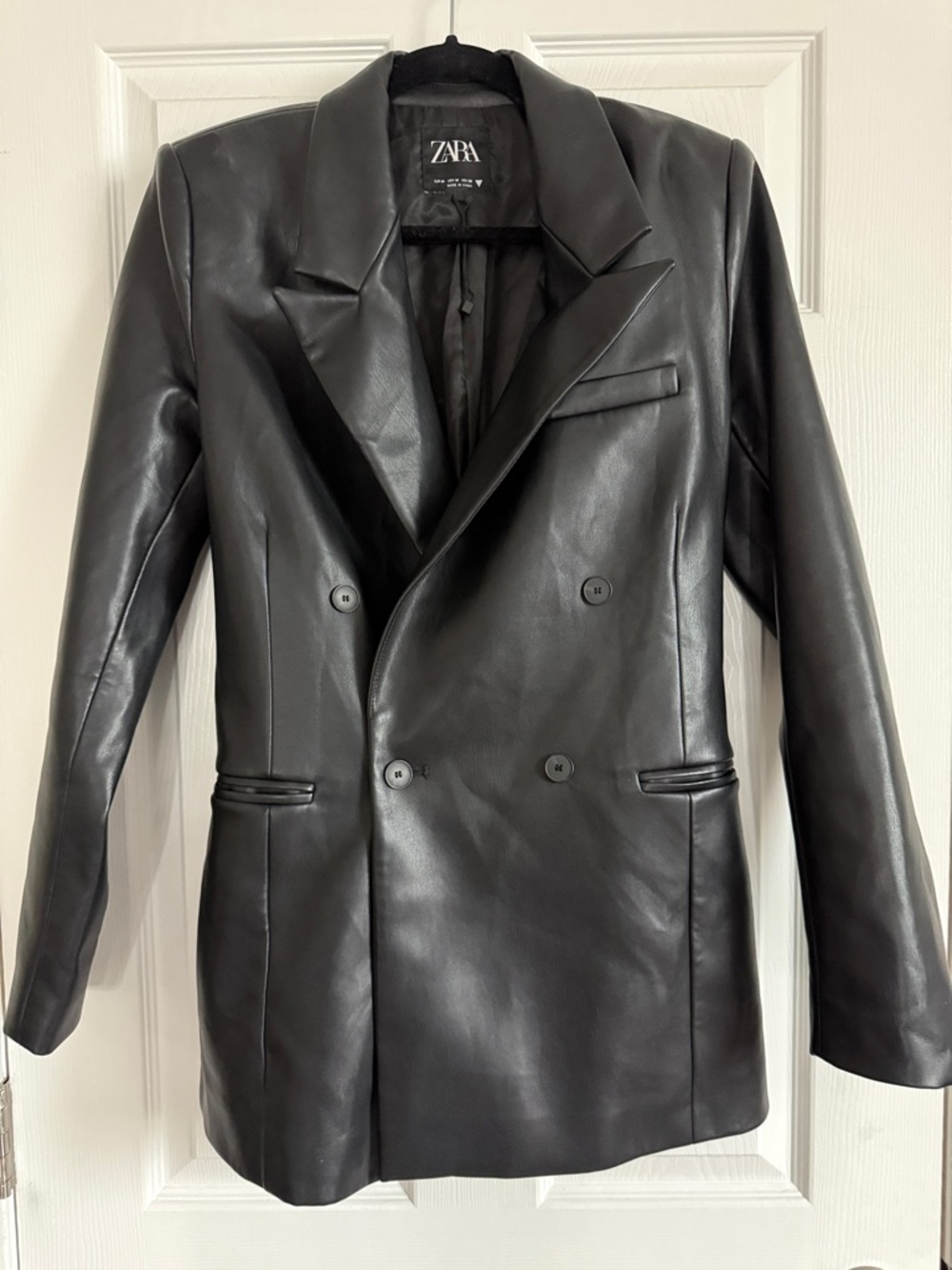 Zara Black Double-Breasted Faux Leather Blazer